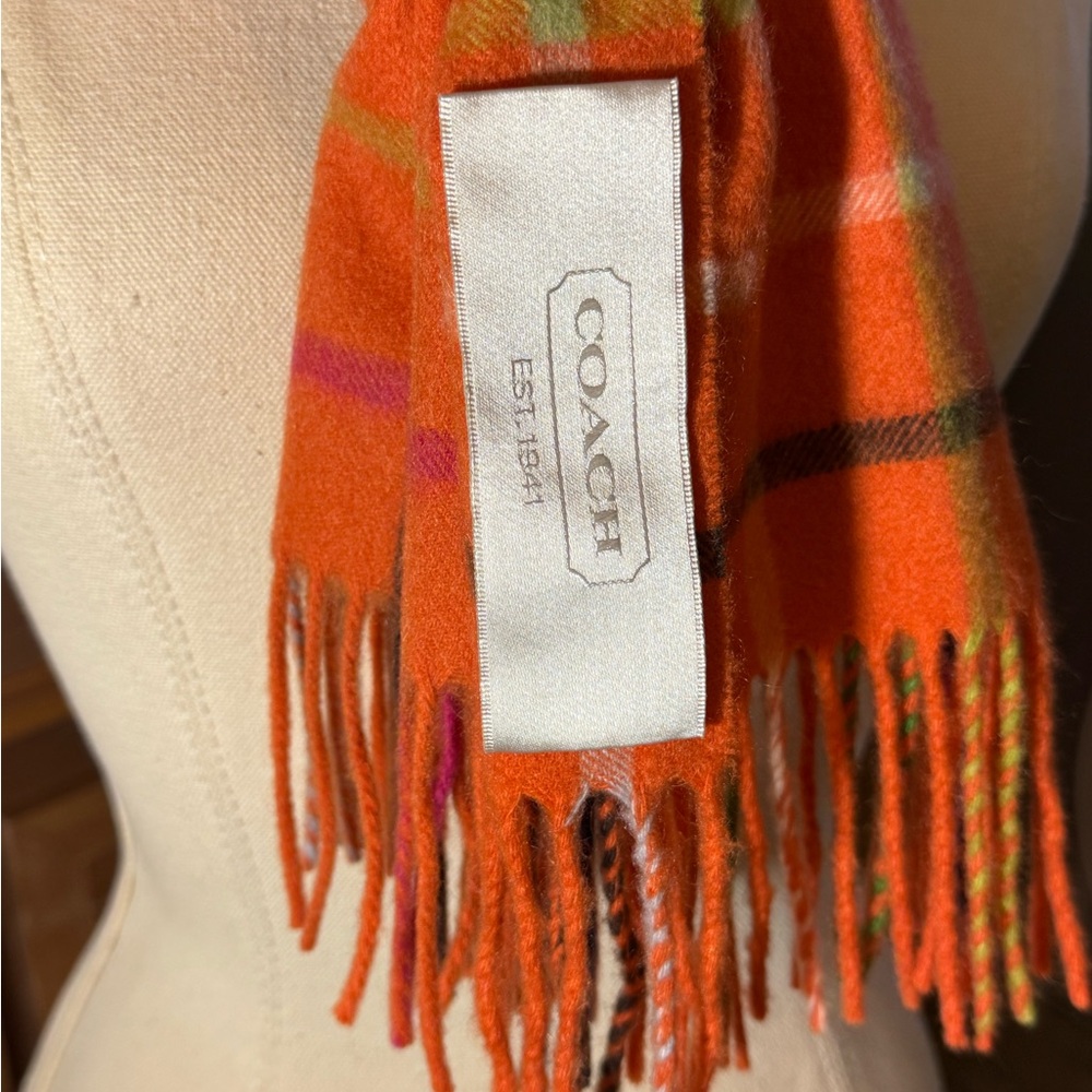 Coach Colorful Checkered Scarf - Orange, Pink, Blue - Picture 5 of 6